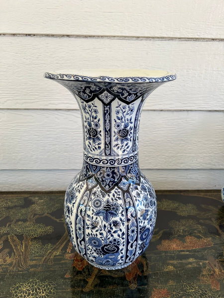 Vintage Large Delft Trumpet Vase Blue and White Floral Boch Royal Sphinx Urn