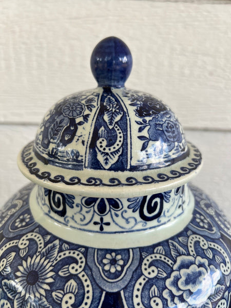 Vintage Large Delft Ginger Jar Vase Blue & White Floral Royal Sphinx Lidded Urn