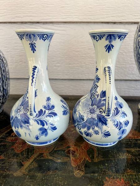 PAIR Petite Vintage Delft Vases Blue & White Windmilll Hand Painted Bud Vases