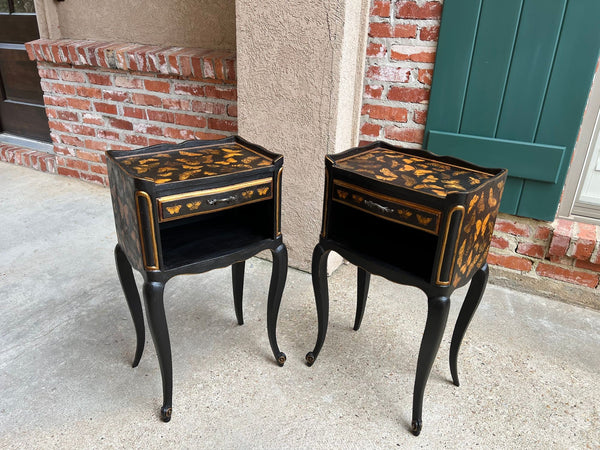 PAIR French Bedside Cabinets Chinoiserie Butterfly Gilt Lacquer Tables