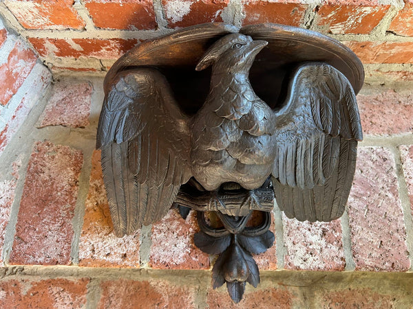 Antique French Wall Shelf Corbel Carved Eagle Black Forest Statue Wood c1880