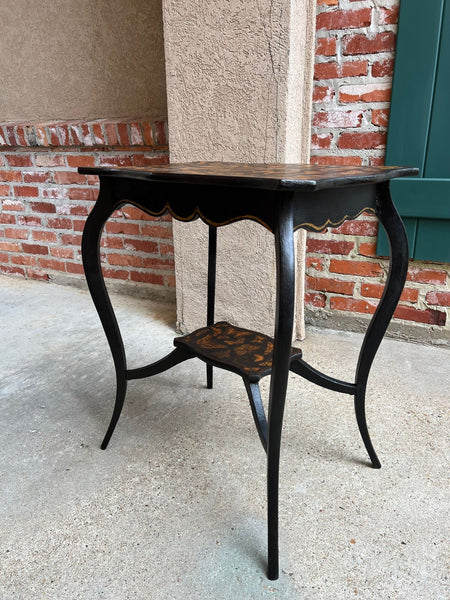 Vintage French Side Table Chinoiserie Butterfly Black Lacquer Hollywood Regency