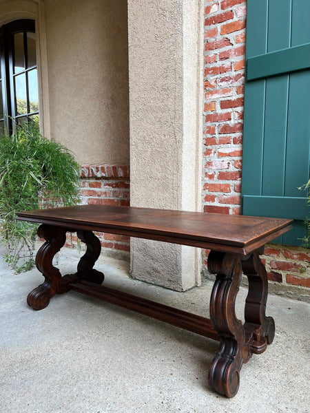 Antique French Coffee Table Carved Oak Bench Baroque Window Hall Seat c1900.
