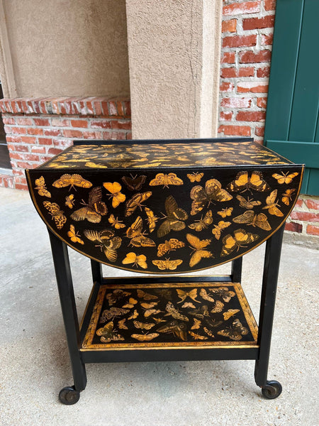 Vintage English Bar Cart Trolley Drop Leaf Chinoiserie Butterfly Lacquer Table