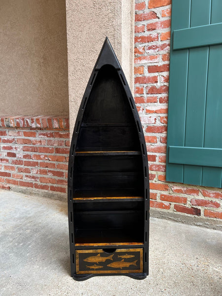 English Boat Form Etagere Black Lacquer Fish Decoupage Collection Bookshelf