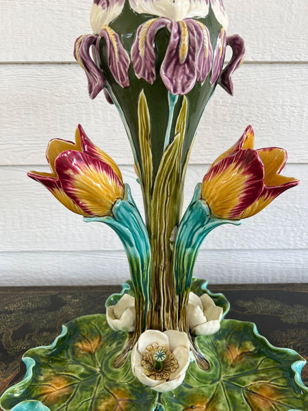 Antique French Majolica Vase Centerpiece Onnaing Art Nouveau Iris Tulip c1900