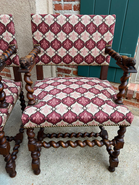 Pair SET Antique French Arm Chair Barley Twist Oak Renaissance Lion Fleur De Lis