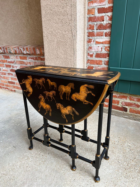 Antique English Drop Leaf Side Table Horse Equestrian Chinoiserie Petite Oak