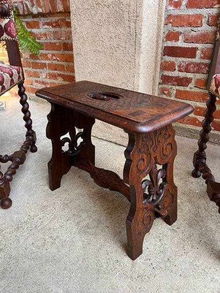 Antique French Bench Stool Gothic Renaissance Carved Oak Trestle Fleur de lis