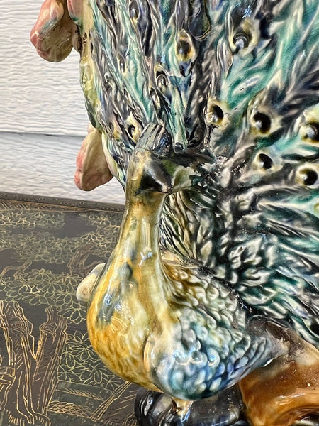 Antique French Majolica Jardinière Planter Peacock Onnaing Large Cache Pot c1880