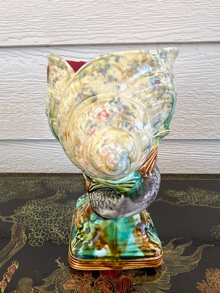 Antique Majolica Vase Bowl Dolphin Nautilus Shell English Royal Worcester c1870
