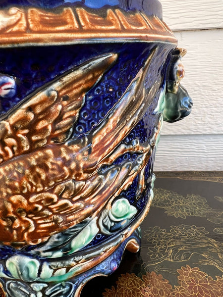 Antique Majolica Bird Planter Cache Pot Jardinière Cobalt Blue Wasmuël c1890