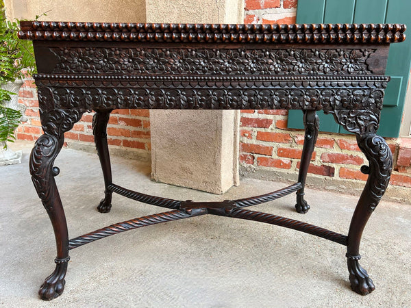 Antique Foyer Hall Table British Colonial Carved Wood Leather Flip Top Burmese