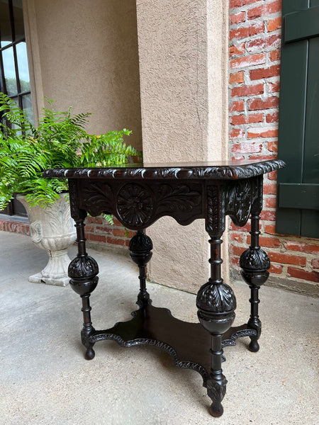 Antique English Side Sofa Table Ebonized Carved Oak Baroque Two Tier Tudor