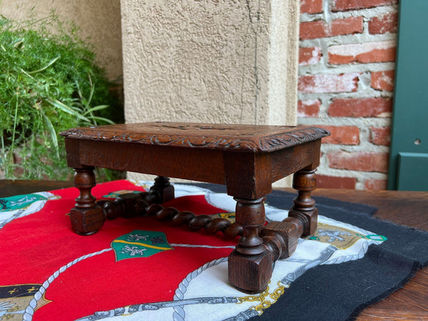 Antique English Kettle Stand Footstool Barley Twist Carved Oak Display Stool