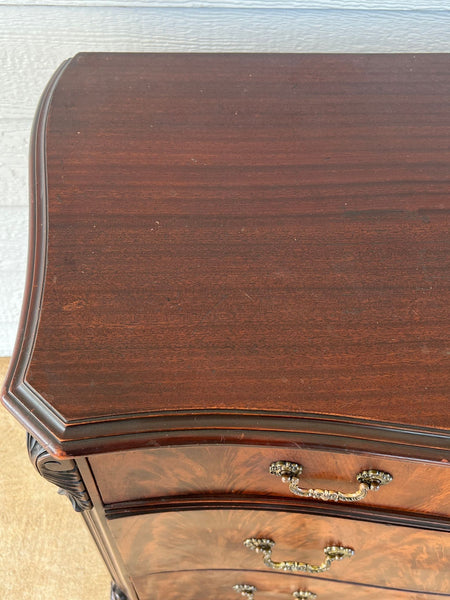 Antique Georgian Revival Chest of Drawers Flame Mahogany Serpentine Carved c1940