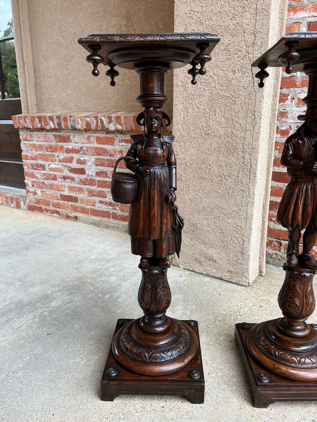Antique French Breton Pedestal Stands PAIR Carved Figural Display Brittany c1900