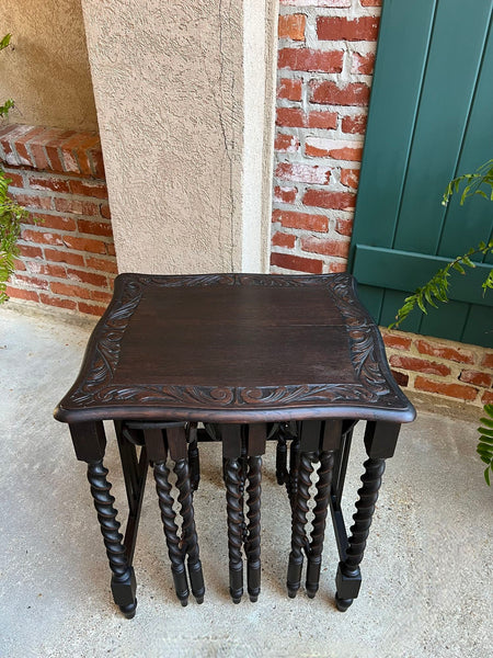 SET 4 Antique French Drop Leaf Nesting TABLE BARLEY TWIST Folding End Carved Oak