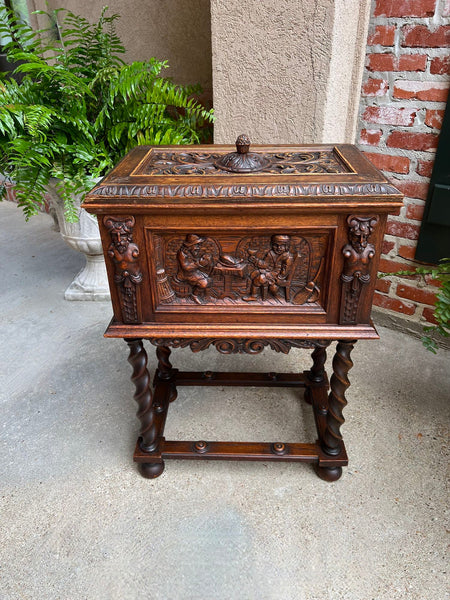 Antique French Renaissance Chest Box on Stand Breton Brittany Oak Barley Twist