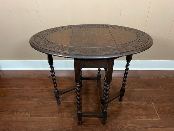 PETITE Antique English Side Sofa Table Barley Twist Drop Leaf Gateleg Carved Oak