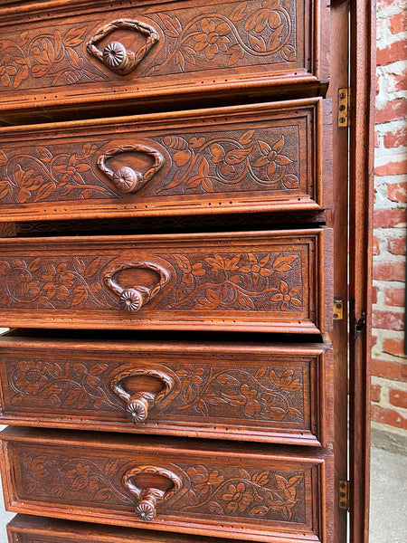 Antique English Victorian Wellington Chest of Drawers Campaign Carved Oak