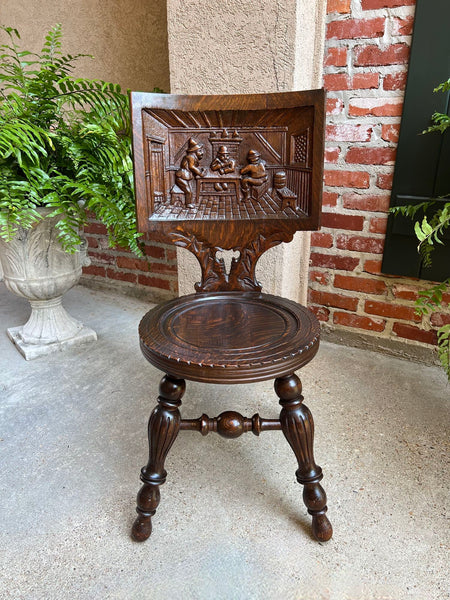 Antique English Pub Chair Fireplace Hearth Carved Tiger Oak Breton Brittany