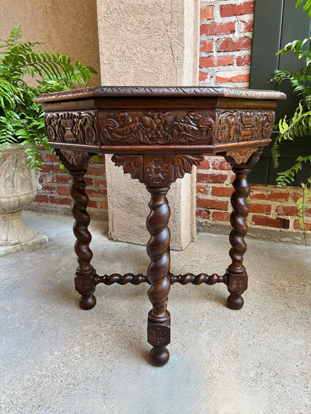 Antique French Octagon Sofa Table Carved Oak Barley Twist Louis XIII Renaissance