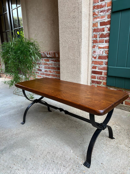 Antique French Coffee Table Bench Country Farmhouse Tiger Oak Wrought Iron c1920