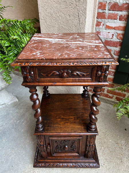 Antique French Side End Table Cabinet BARLEY TWIST Carved Oak Renaissance Marble