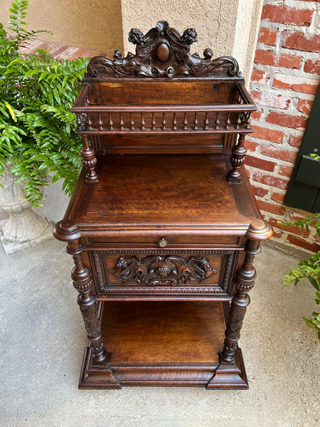 Antique French Side End Table Cabinet Carved Oak Renaissance Spindle Gallery