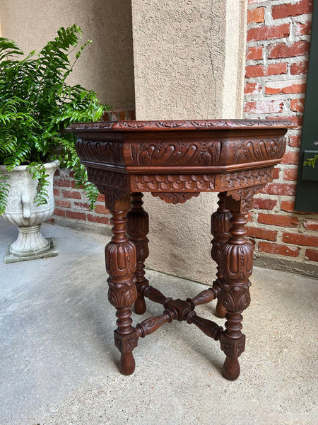 Petite Antique French Octagon Center Side TABLE Renaissance Carved Oak