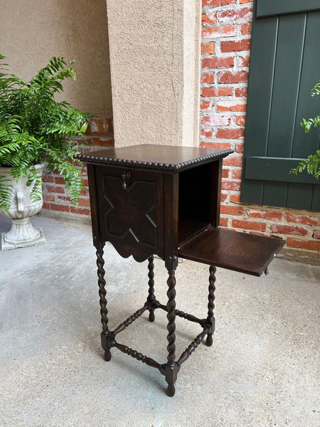 Antique English Square Table Plant Stand Jacobean BARLEY TWIST Cabinet Dark Oak