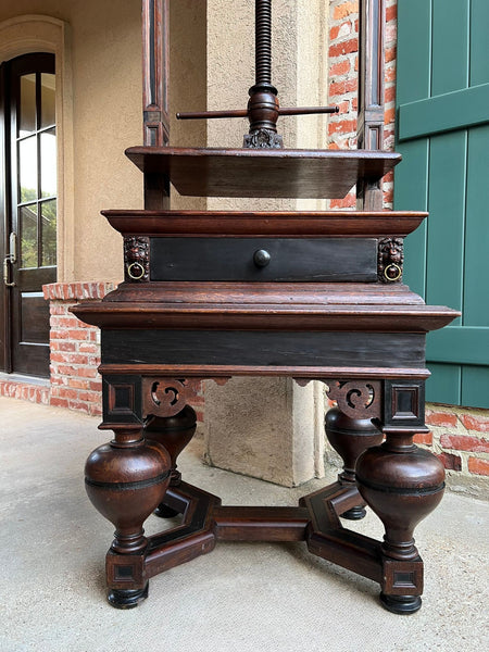 Antique English Book Press Table Renaissance Carved Oak Ebonized Cabinet c1880