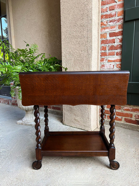 Antique English Tea Trolley Drinks Cart Barley Twist Dumbwaiter Drop Leaf Table