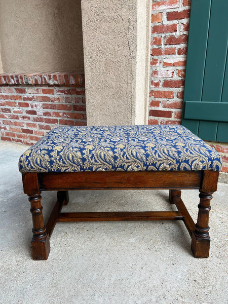 Antique English Oak Bench Upholstered Window Seat Jacobean Revival c1920