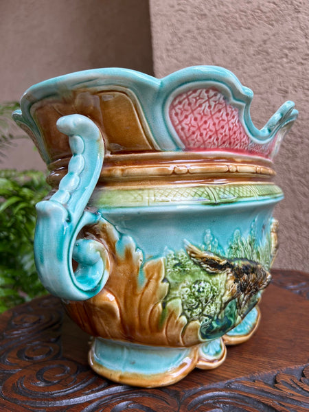 Antique French Majolica Barbotine Jardinière Hunt Dog Onnaing Cache Pot Planter