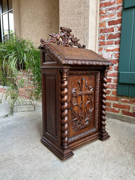 Antique French Altar Lecturn Gothic Bible Box Podium Sacristy Cabinet Carved Oak
