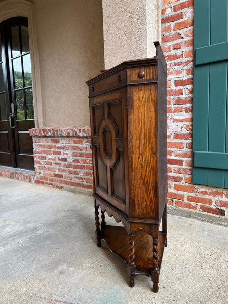Antique English Tiger Oak Corner Cabinet Barley Twist Jacobean Arts & Crafts