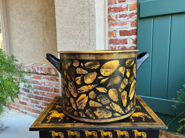 LARGE Antique English Planter Cachepot Black Metal Lacquer SHELL Decoupage c1890