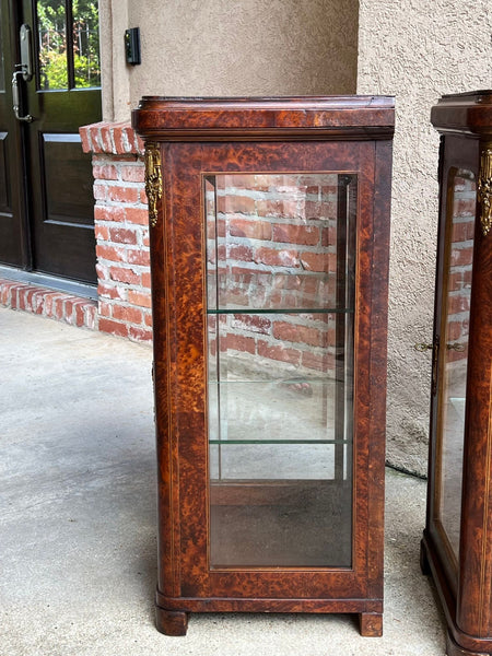 PAIR Antique French Glass Vitrine Display Cabinets Burl Mahogany Mirror c1900