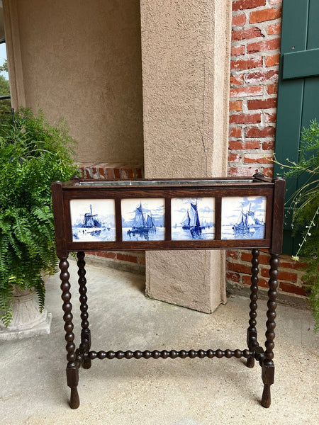 Antique English Planter Blue White DELFT Tile Floral Box Oak Bobbin Legs c1910