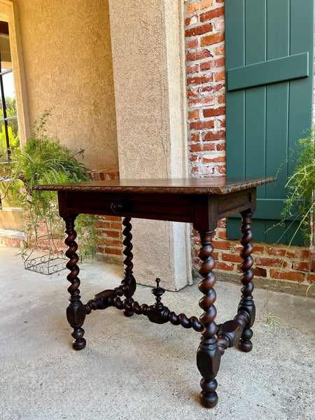 Antique English Console Table Writing Desk Jacobean Barley Twist Carved Oak c1890