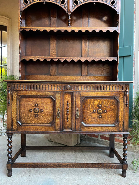Antique English Welsh Dresser Sideboard Barley Twist Carved Tiger Oak Farmhouse