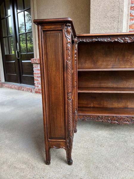 Antique French Corner Bookcase Carved Oak Louis XV Revival Open Shelves c1920