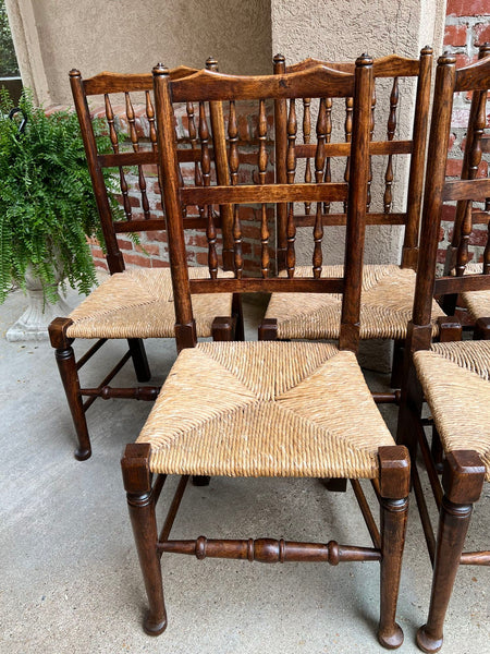 Set 5 Vintage English Oak Dining Side Chairs Rush Seat Lancashire Spindle Back
