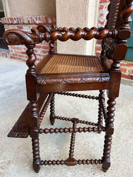 Antique French Child High Chair Renaissance Barley Twist Carved Oak Caned c1890