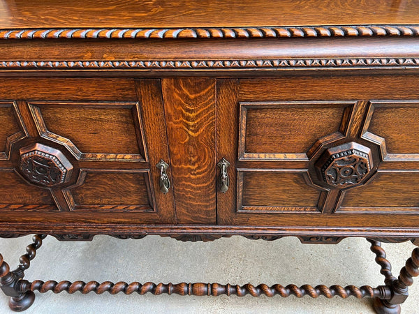 Antique English Sideboard Server Buffet BARLEY TWIST Carved Tiger Oak Jacobean