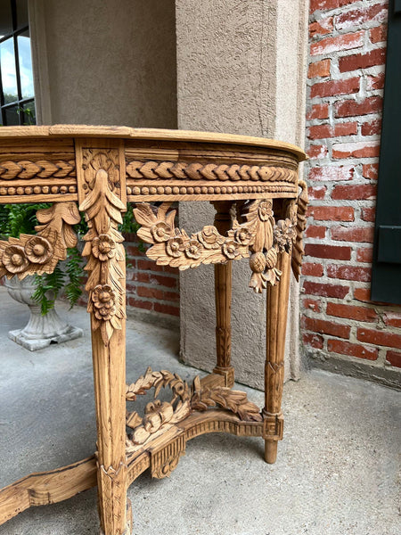 Antique French Louis XVI Console Table Foyer Demilune Carved Bleached Wood c1890