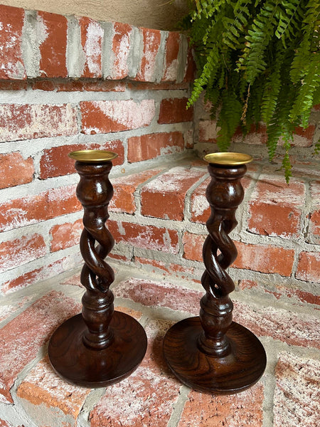 PAIR Set Antique English Oak OPEN Barley Twist Candlesticks Candle Holder Brass