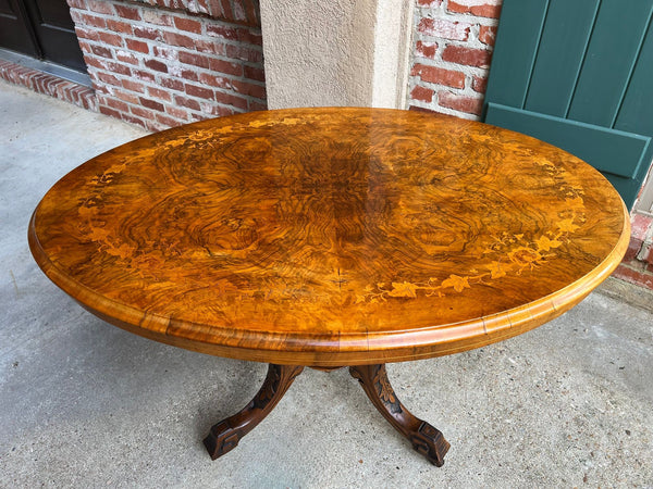 Antique English Center Breakfast Table Burl Walnut Tilt Top Inlaid Oval c1890